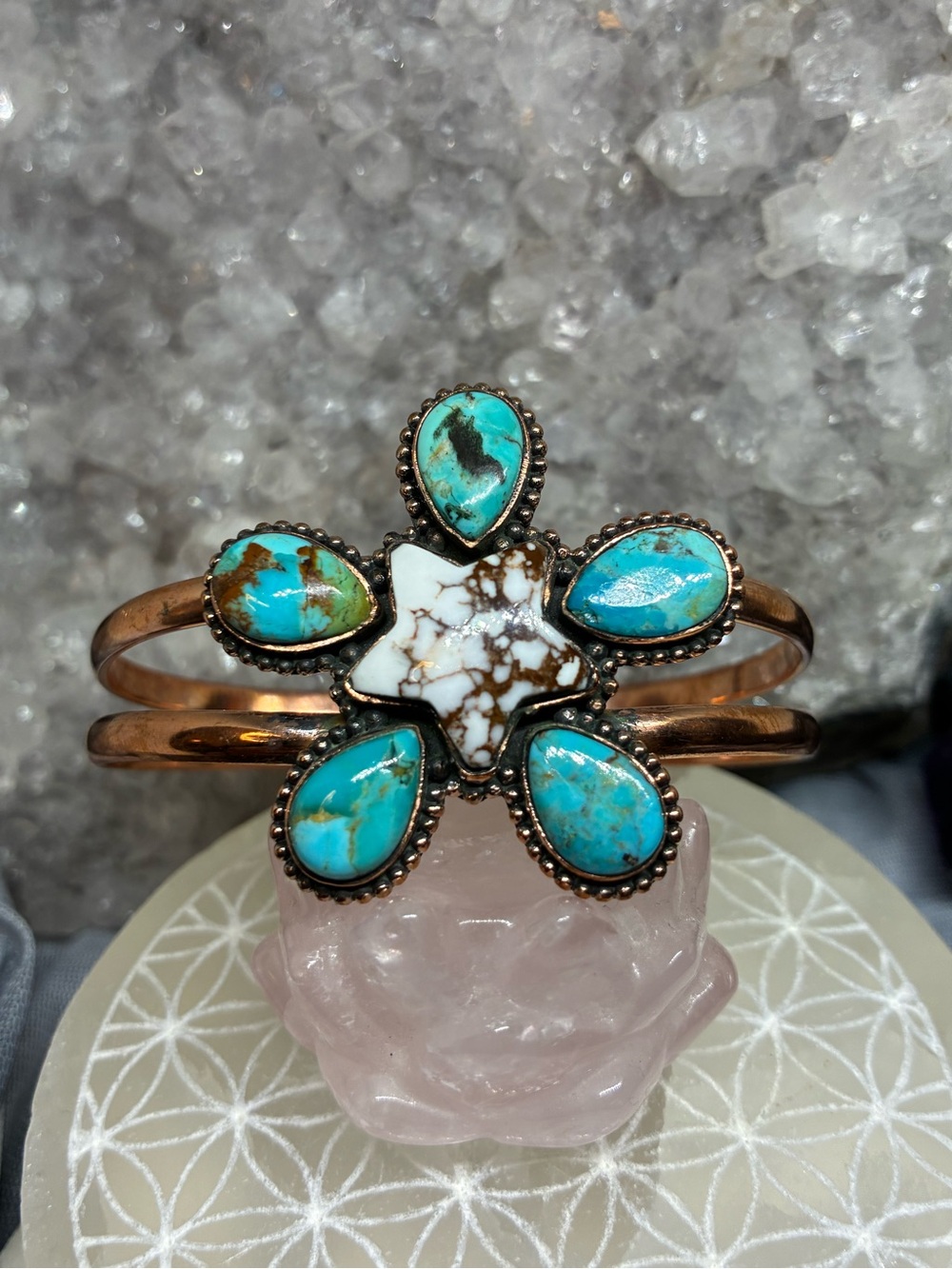 Turquoise and Wild Horse Star Flower Copper Cuff Bracelet